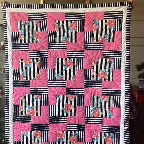 NWT. Hand Crafted Pink and Black Striped With Roses Floral Quilt